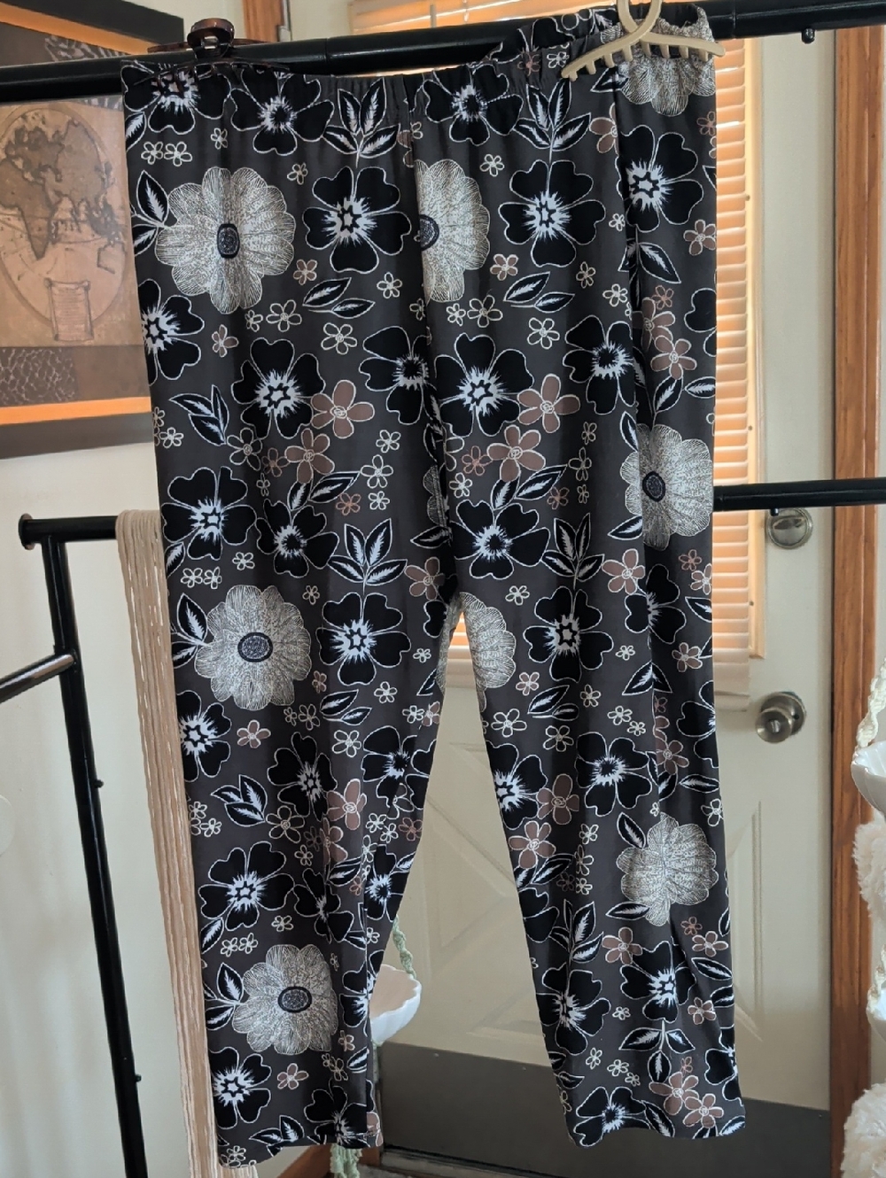 Black Floral Lounge Pants with White & Taupe Flowers